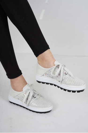 Hakiki Deri Beyaz Saten-Beyaz Baskılı Kadın Spor Ayakkabı 221186111