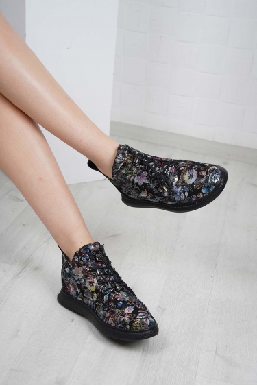 Hakiki Deri Siyah Çiçekli Kadın Casual Bot 232186202