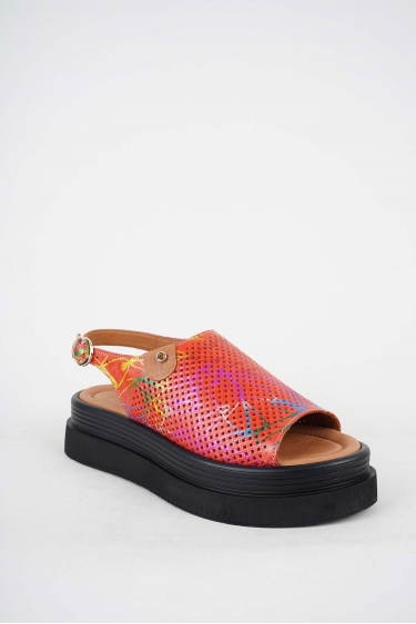 Hakiki Deri Kırmızı Baskılı Kadın Dolgu Topuklu Sandalet 251186505