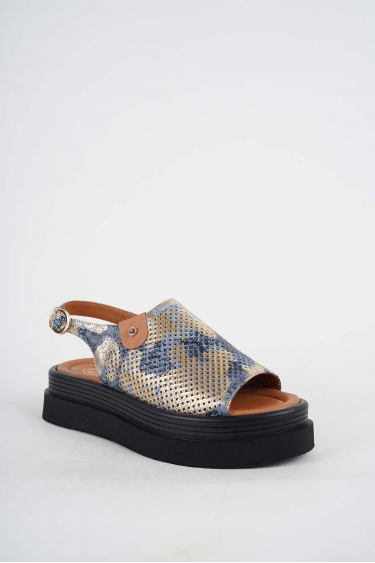Hakiki Deri K.Mavi Baskılı-Taba Kadın Dolgu Topuklu Sandalet 251186505