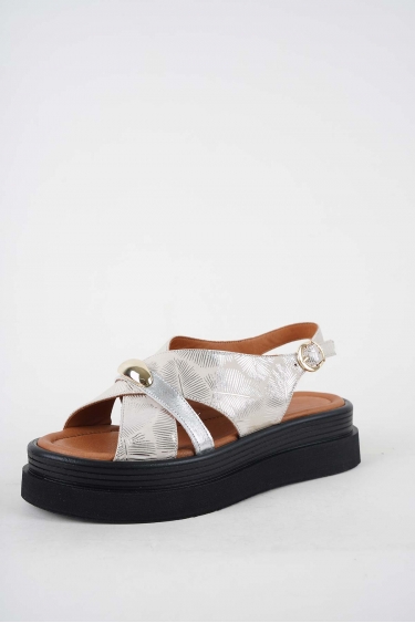 Hakiki Deri Bej Baskılı-Gümüş Kadın Dolgu Topuklu Sandalet 251186508