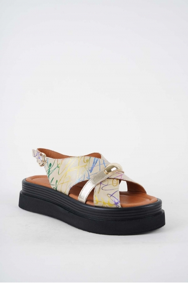 Hakiki Deri Bej Baskılı-Altın Kadın Dolgu Topuklu Sandalet 251186508