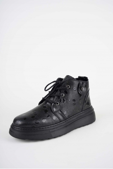 Hakiki Deri Siyah Damla Baskılı Kadın Casual Bot 252186203