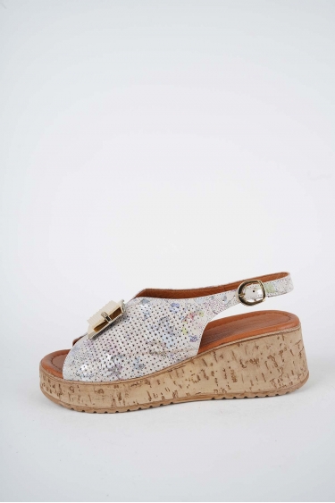 Hakiki Deri Bej Çiçek Baskılı Kadın Dolgu Topuklu Sandalet 261186500