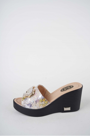 Hakiki Deri Bej Çiçekli Kadın Dolgu Topuklu Terlik 261189605