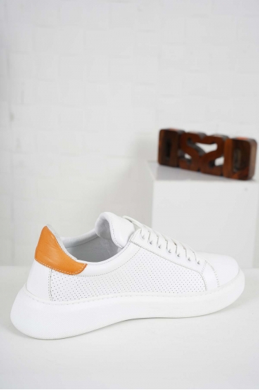 Hakiki Deri Beyaz-Turuncu Kadın Sneaker Ayakkabı 241218100