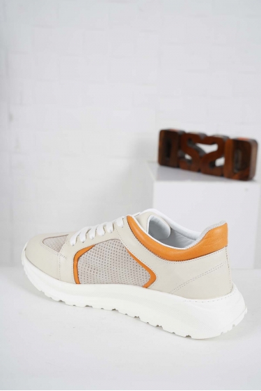 Hakiki Deri Bej-Bej Süet-Turuncu Kadın Sneaker Ayakkabı 241218106