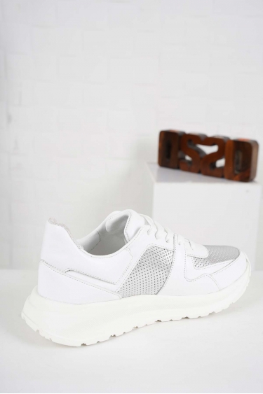Hakiki Deri Beyaz-Gümüş Kadın Sneaker Ayakkabı 241218107