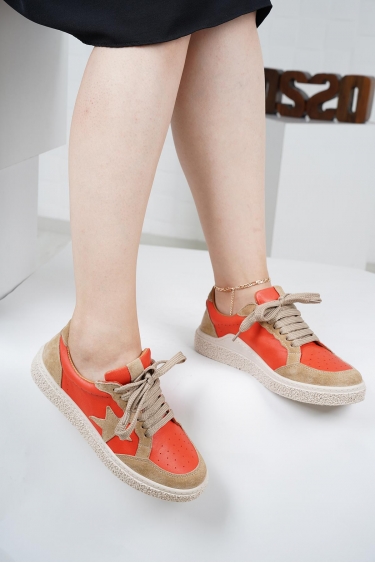 Hakiki Deri Kırmızı-Bej Süet Kadın Spor Ayakkabı 222220101