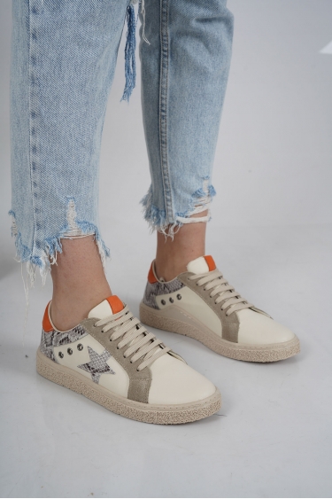 Hakiki Deri Krem-Bej Süet-Bej Yılan-Turuncu Kadın Spor Ayakkabı 222220103