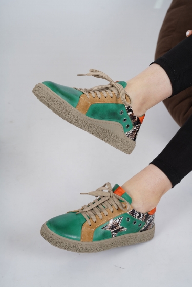 Hakiki Deri Yeşil-Bej Süet-Yeşil Yılan-Turuncu Kadın Spor Ayakkabı 222220103