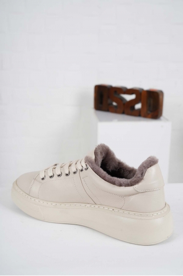 Hakiki Deri Kürklü Bej Kadın Sneaker Ayakkabı 232220101