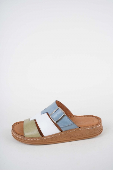 Hakiki Deri Avokado-Beyaz-Kot Mavi Kadın Comfort Terlik 261220604