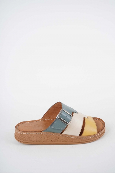 Hakiki Deri Sarı-Bej-Koyu Kot Kadın Comfort Terlik 261220604