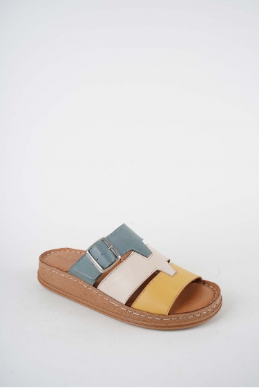 Hakiki Deri Sarı-Bej-Koyu Kot Kadın Comfort Terlik 261220604