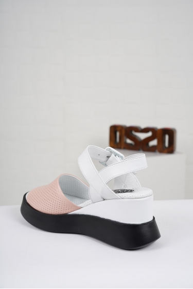 Hakiki Deri Beyaz-Pudra Kadın Dolgu Topuk Sandalet 221229504