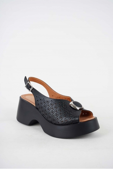 Hakiki Deri Siyah Kadın Dolgu Topuk Sandalet 241229521