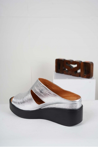 Hakiki Deri Gümüş Kadın Dolgu Topuklu Terlik 241229613