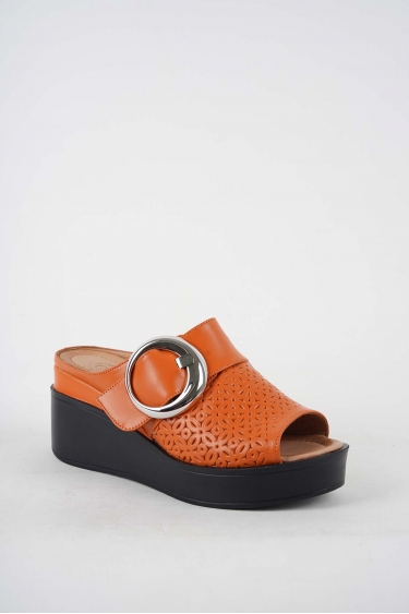 Hakiki Deri Turuncu Kadın Dolgu Topuk Terlik 251229603