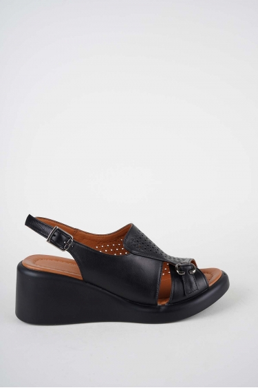 Hakiki Deri Siyah Kadın Dolgu Topuklu Sandalet 261229507