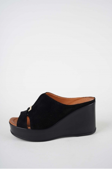 Hakiki Deri Siyah Süet Kadın Dolgu Topuklu Terlik 261229605