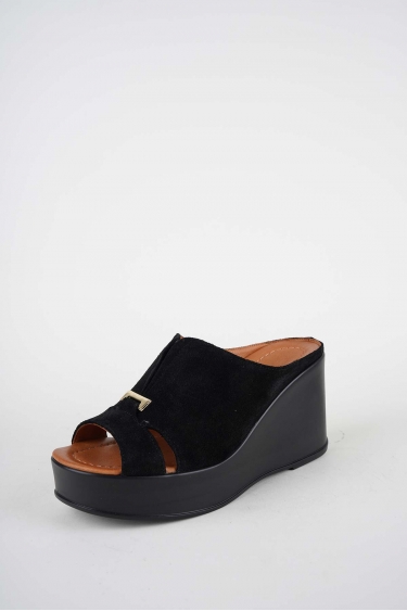 Hakiki Deri Siyah Süet Kadın Dolgu Topuklu Terlik 261229605