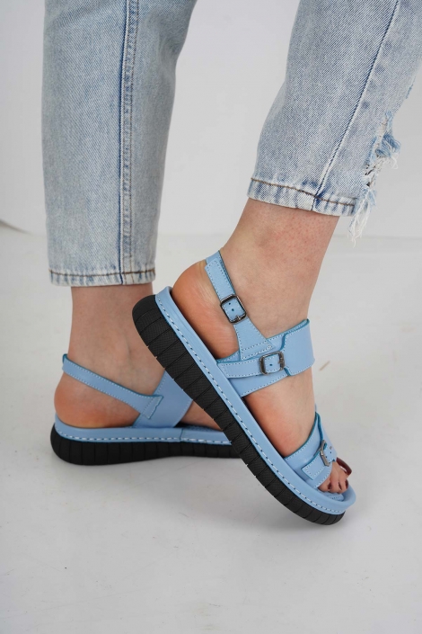 Hakiki Deri Mavi Kadın Komfort Sandalet 231100503