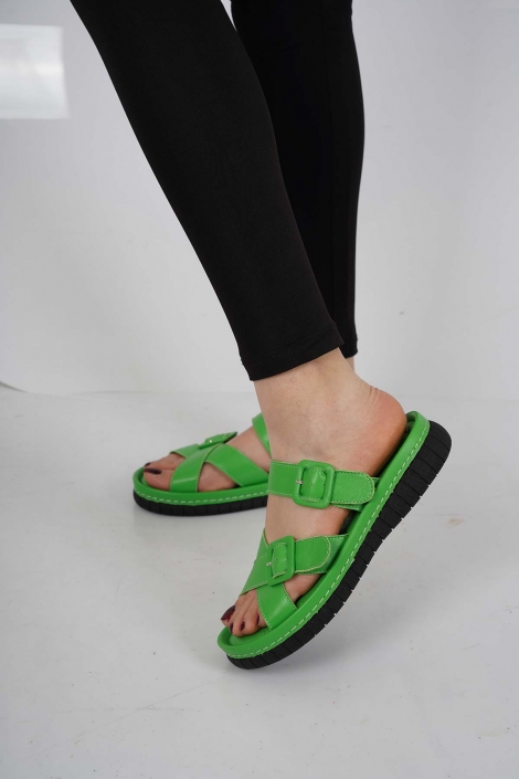 Hakiki Deri Çimen Yeşili Kadın Komfort Sandalet 231100503