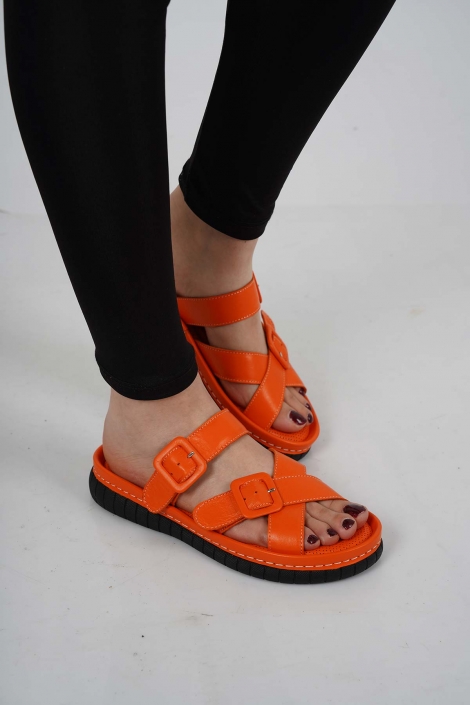 Hakiki Deri Turuncu Kadın Komfort Sandalet 231100503