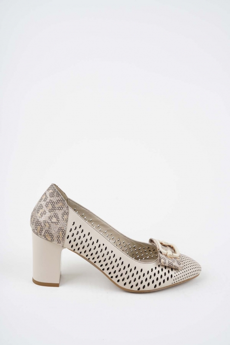 Hakiki Deri Bej-Bej Baskılı Kadın Topuklu Ayakkabı 261105101