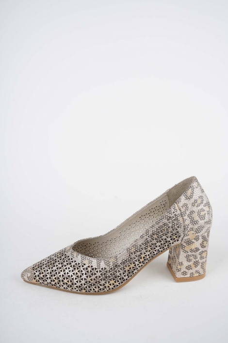 Hakiki Deri Bej Baskılı Kadın Topuklu Ayakkabı 261105102