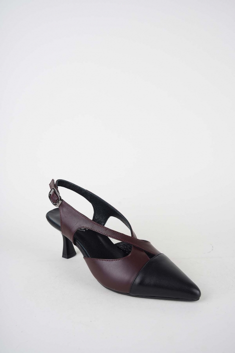 Hakiki Deri Bordo-Siyah Kadın Topuklu Sandalet 261105505