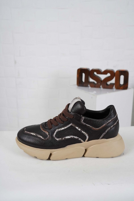 Hakiki Deri Kahve Flt.-Yılan Kadın Sneaker Ayakkabı 242114101