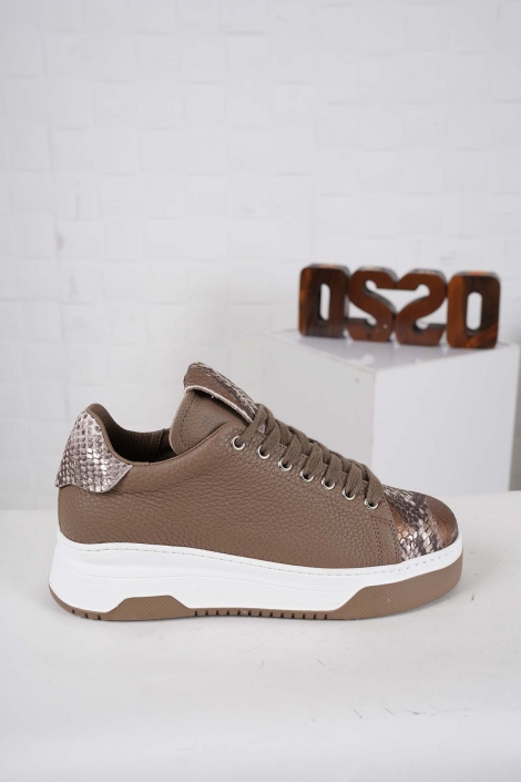Hakiki Deri Kahve Yılan-Vizon Flt. Kadın Sneaker Ayakkabı 242114102