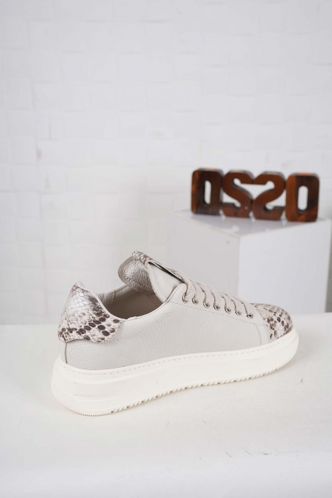 Hakiki Deri Bej Yılan-Buz Bej Kadın Sneaker Ayakkabı 242114103