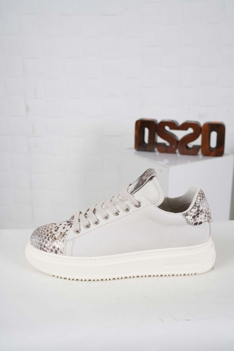 Hakiki Deri Bej Yılan-Buz Bej Kadın Sneaker Ayakkabı 242114103