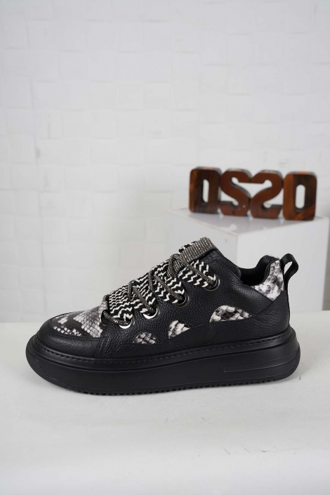 Hakiki Deri Siyah Flt.-S.Yılan Kadın Sneaker Ayakkabı 242114104