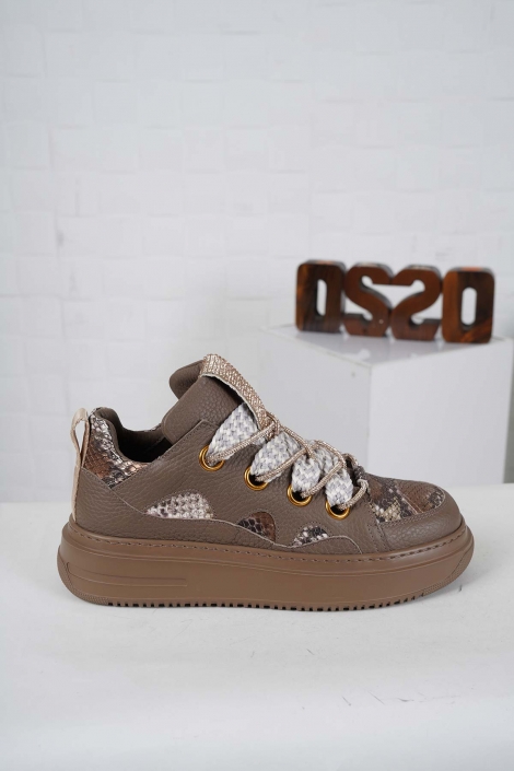 Hakiki Deri Vizon Flt.-Kahve Yılan Kadın Sneaker Ayakkabı 242114104