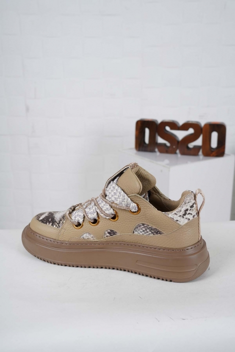 Hakiki Deri Kum Beji-Bej Yılan Kadın Sneaker Ayakkabı 242114104