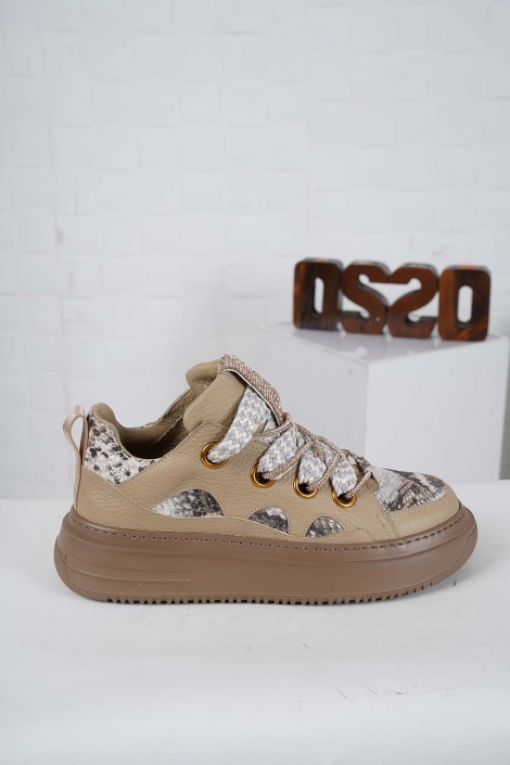 Hakiki Deri Kum Beji-Bej Yılan Kadın Sneaker Ayakkabı 242114104