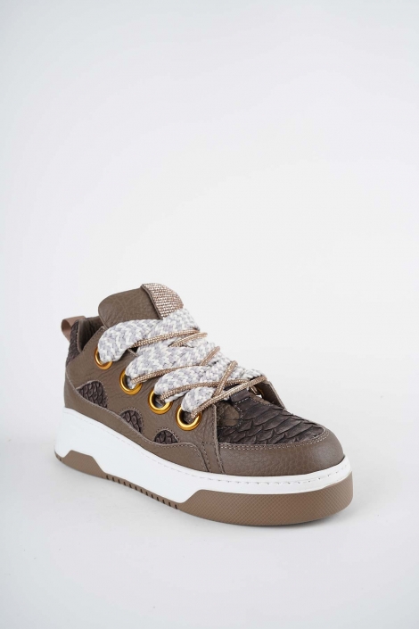Hakiki Deri Vizon Flt.-Kahve Piton Kadın Sneaker Ayakkabı 242114111