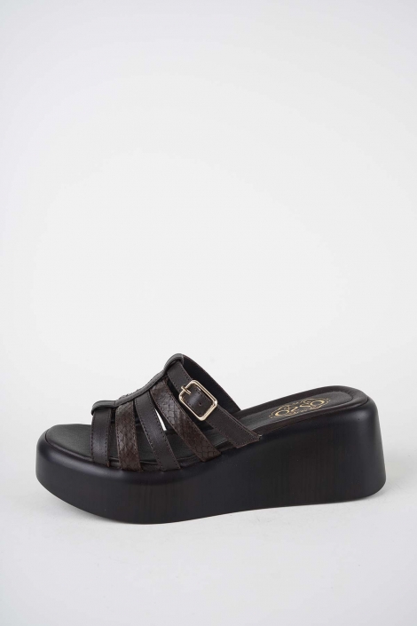 Hakiki Deri Koyu Kahve-Yılan Bas. Kadın Dolgu Topuklu Terlik 261114601