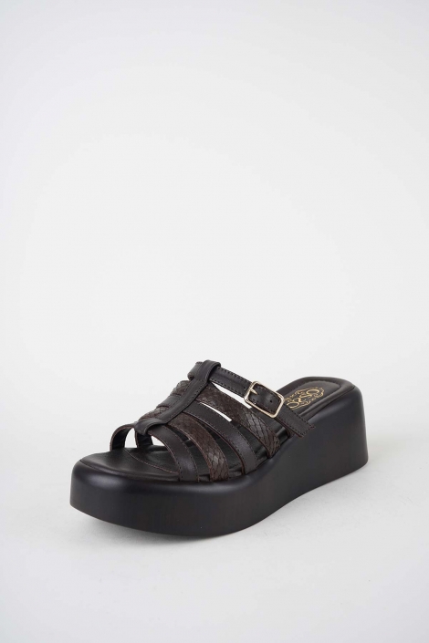 Hakiki Deri Koyu Kahve-Yılan Bas. Kadın Dolgu Topuklu Terlik 261114601