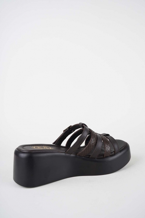 Hakiki Deri Koyu Kahve-Yılan Bas. Kadın Dolgu Topuklu Terlik 261114601