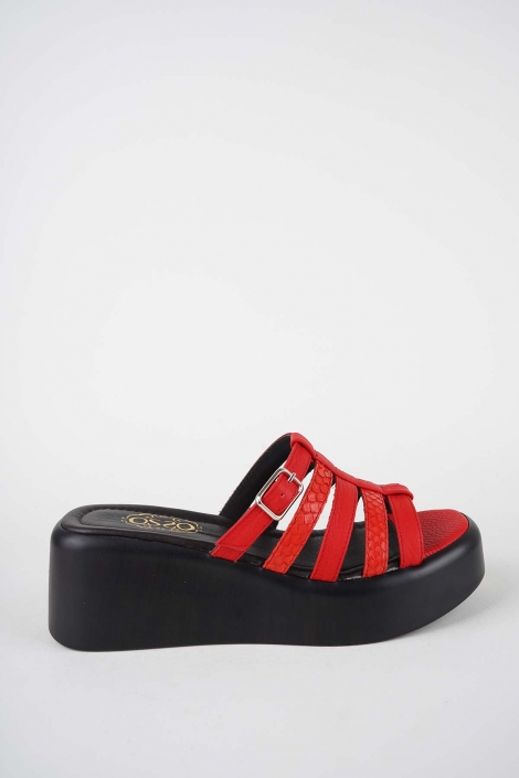 Hakiki Deri Kırmızı-Yılan Bas. Kadın Dolgu Topuklu Terlik 261114601