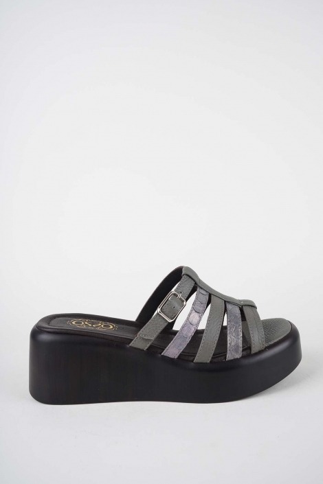 Hakiki Deri Gri-Yılan Bas. Kadın Dolgu Topuklu Terlik 261114601