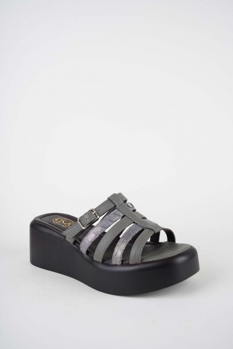 Hakiki Deri Gri-Yılan Bas. Kadın Dolgu Topuklu Terlik 261114601