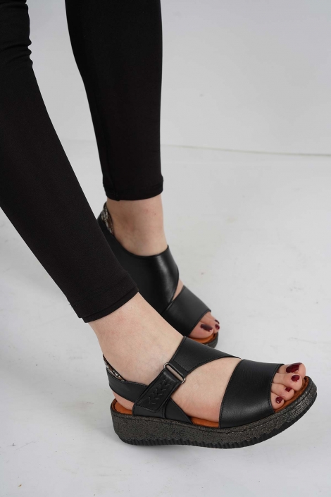 Hakiki Deri Siyah Kadın Comfort Sandalet 231125501
