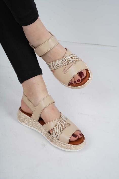 Hakiki Deri Bej Kadın Comfort Sandalet 231125502