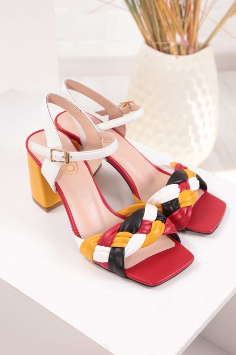 Hakiki Deri Beyaz-Siyah-Kırmızı-Oranj Kadın Topuklu Sandalet 211127524